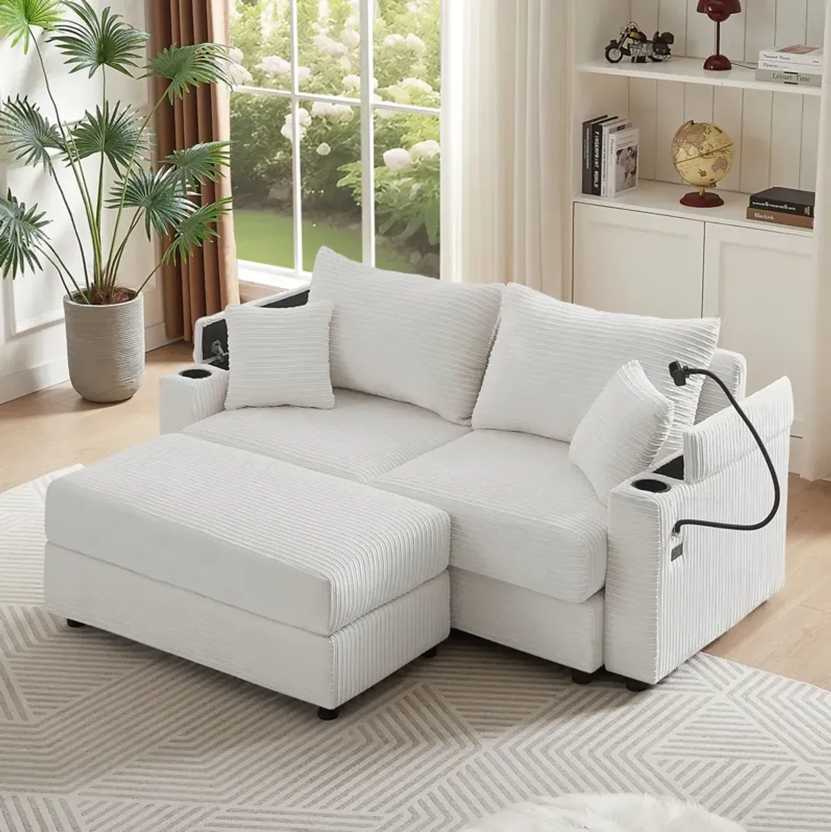 Modern Style Loveseat Sofa Sectional Sofa Couch With Storage Space, A Movable Ottoman, Two USB Ports, Two Cup Holders, A Phone Holder For Living Room