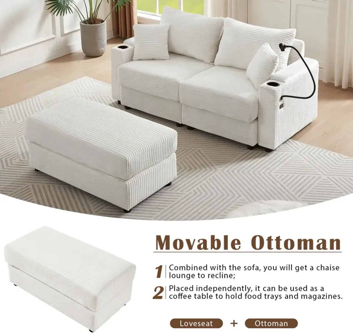 Modern Style Loveseat Sofa Sectional Sofa Couch With Storage Space, A Movable Ottoman, Two USB Ports, Two Cup Holders, A Phone Holder For Living Room