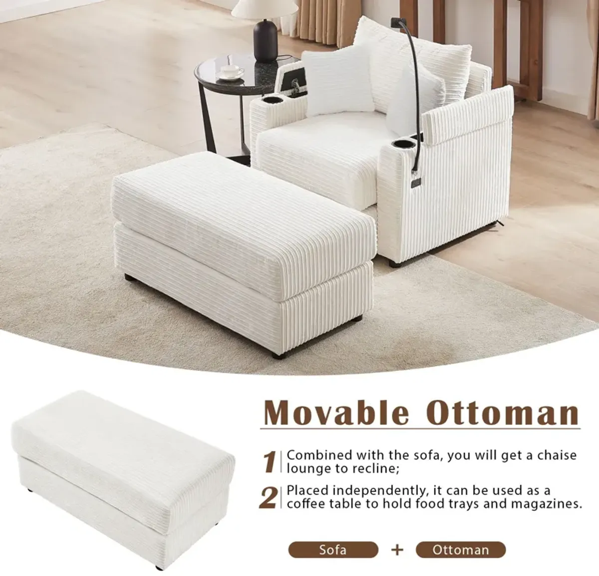 Modern Style Loveseat Sofa Sectional Sofa Couch With Storage Space, A Movable Ottoman, Two USB Ports, Two Cup Holders, A Phone Holder For Living Room