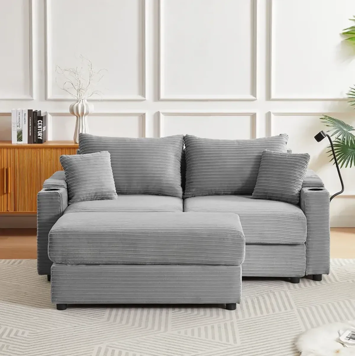 Modern Style Loveseat Sofa Sectional Sofa Couch With Storage Space, A Movable Ottoman, Two USB Ports, Two Cup Holders, A Phone Holder For Living Room