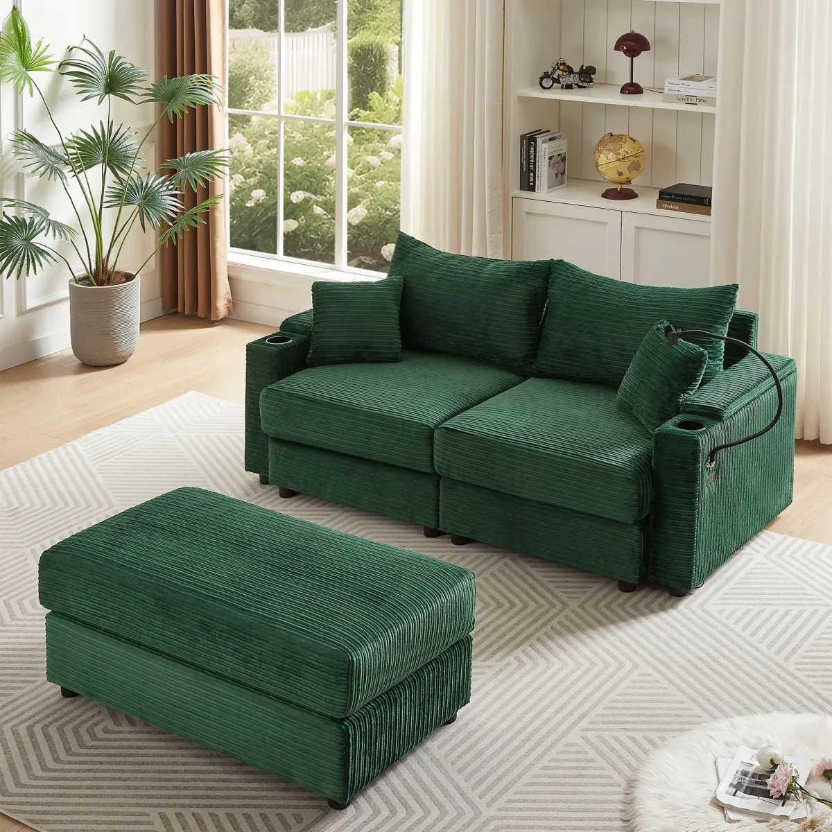 Modern Style Loveseat Sofa Sectional Sofa Couch With Storage Space, A Movable Ottoman, Two USB Ports, Two Cup Holders, A Phone Holder For Living Room