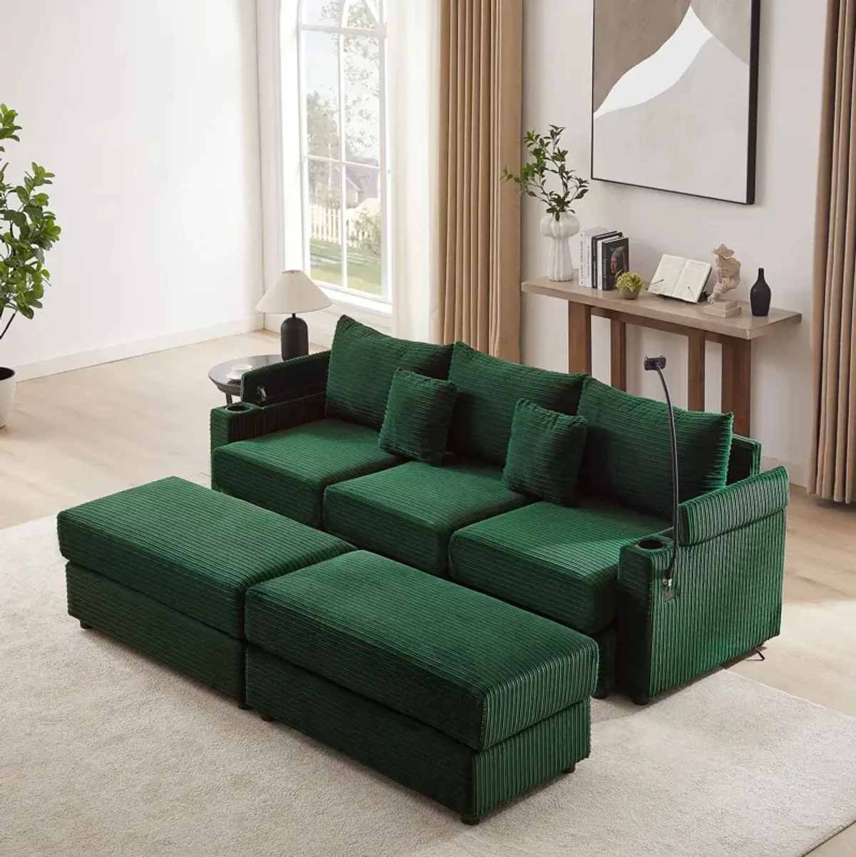 Modern Style Loveseat Sofa Sectional Sofa Couch With Storage Space, A Movable Ottoman, Two USB Ports, Two Cup Holders, A Phone Holder For Living Room