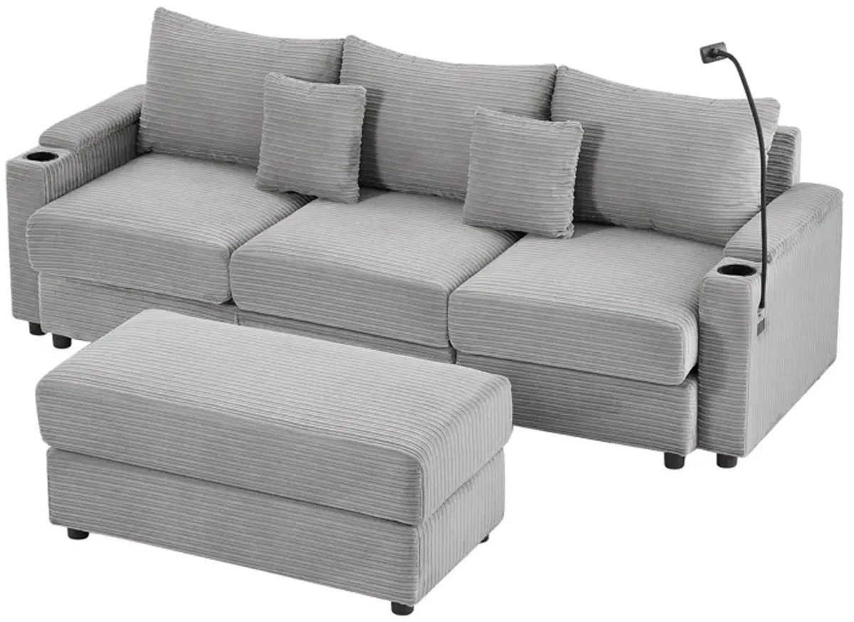 Modern Style Loveseat Sofa Sectional Sofa Couch With Storage Space, A Movable Ottoman, Two USB Ports, Two Cup Holders, A Phone Holder For Living Room