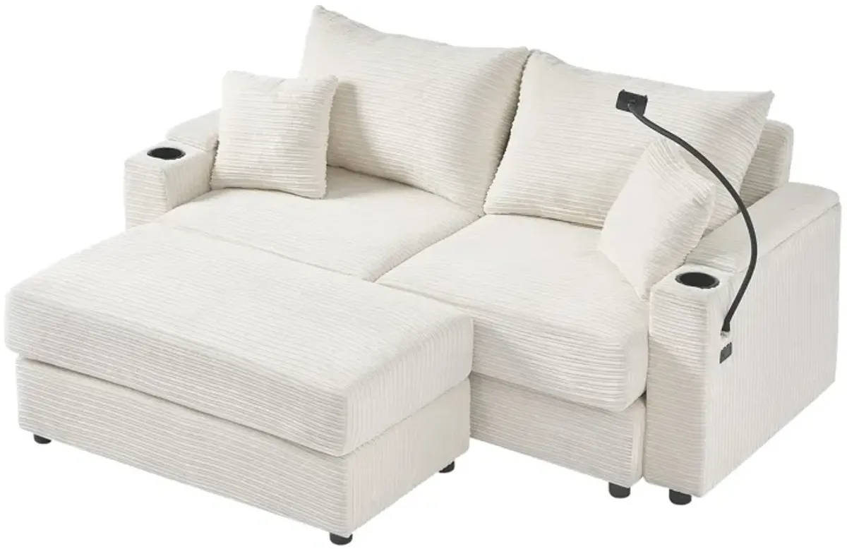 Modern Style Loveseat Sofa Sectional Sofa Couch With Storage Space, A Movable Ottoman, Two USB Ports, Two Cup Holders, A Phone Holder For Living Room