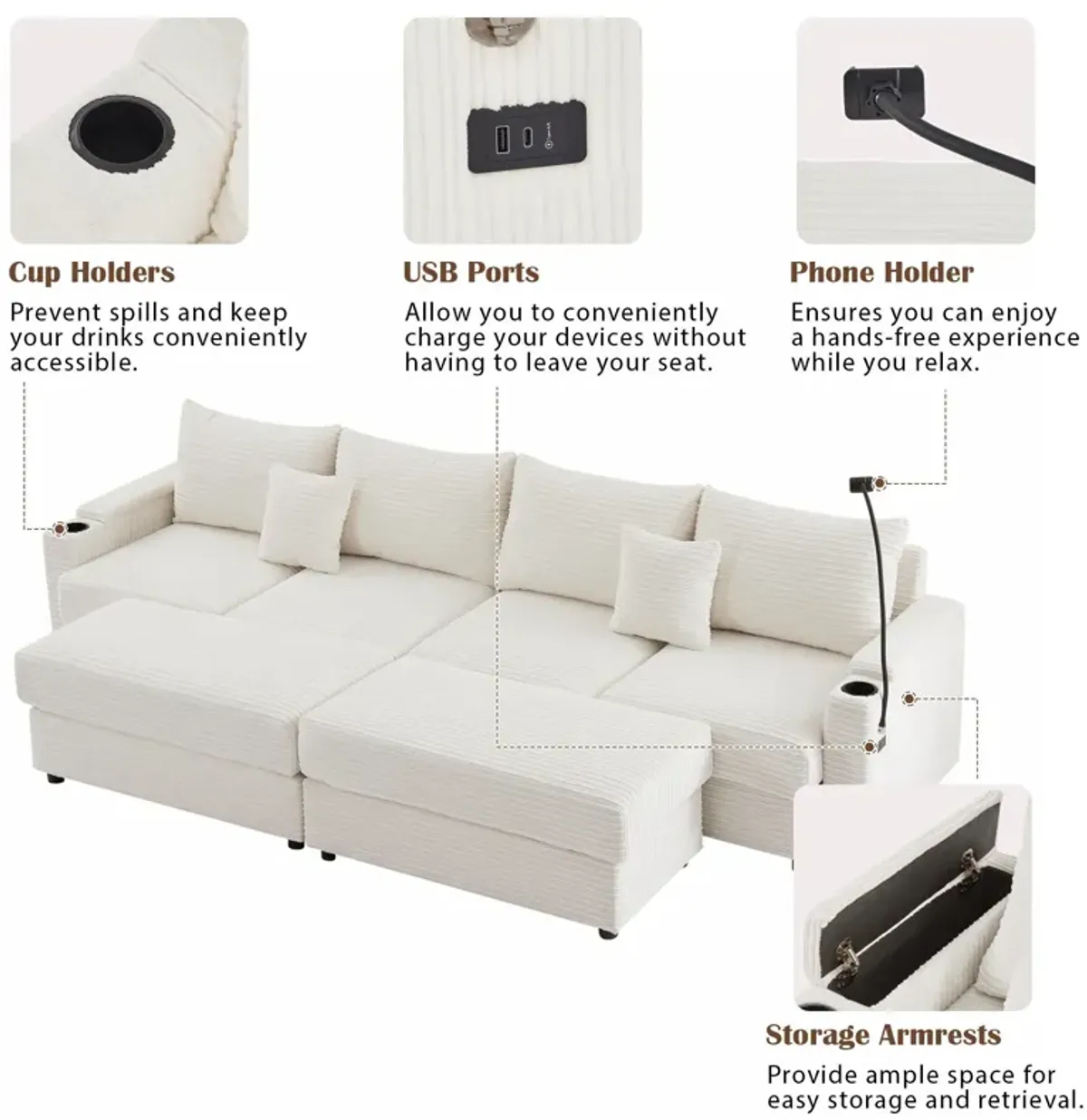 Modern Style Loveseat Sofa Sectional Sofa Couch With Storage Space, A Movable Ottoman, Two USB Ports, Two Cup Holders, A Phone Holder For Living Room