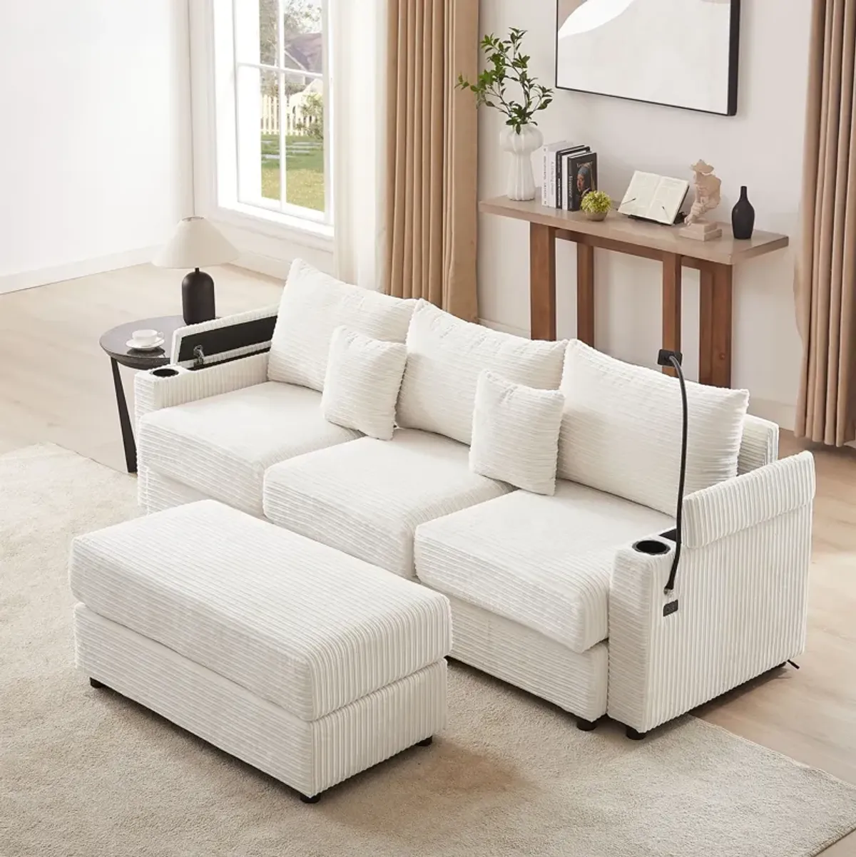 Modern Style Loveseat Sofa Sectional Sofa Couch With Storage Space, A Movable Ottoman, Two USB Ports, Two Cup Holders, A Phone Holder For Living Room