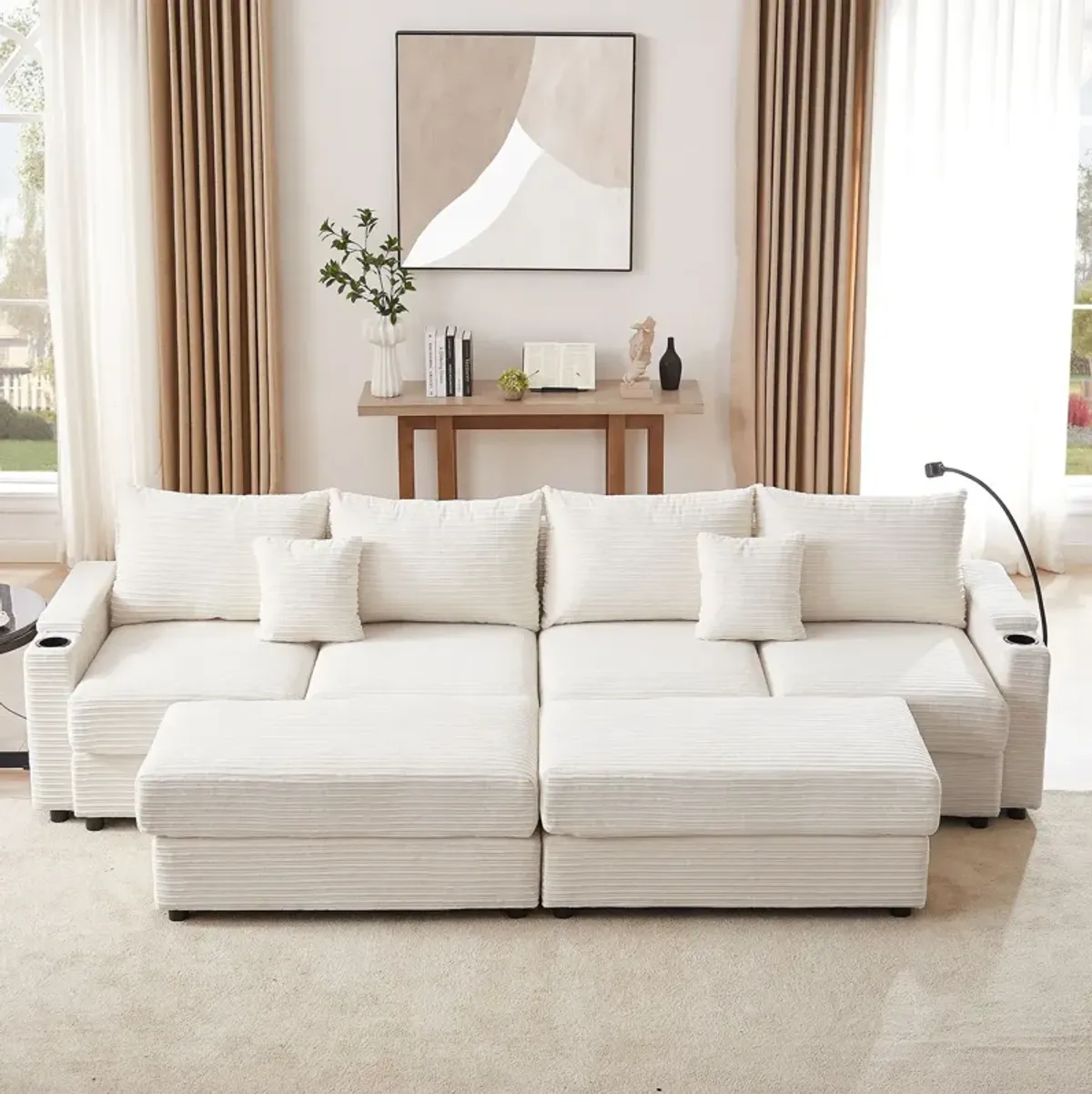 Modern Style Loveseat Sofa Sectional Sofa Couch With Storage Space, A Movable Ottoman, Two USB Ports, Two Cup Holders, A Phone Holder For Living Room