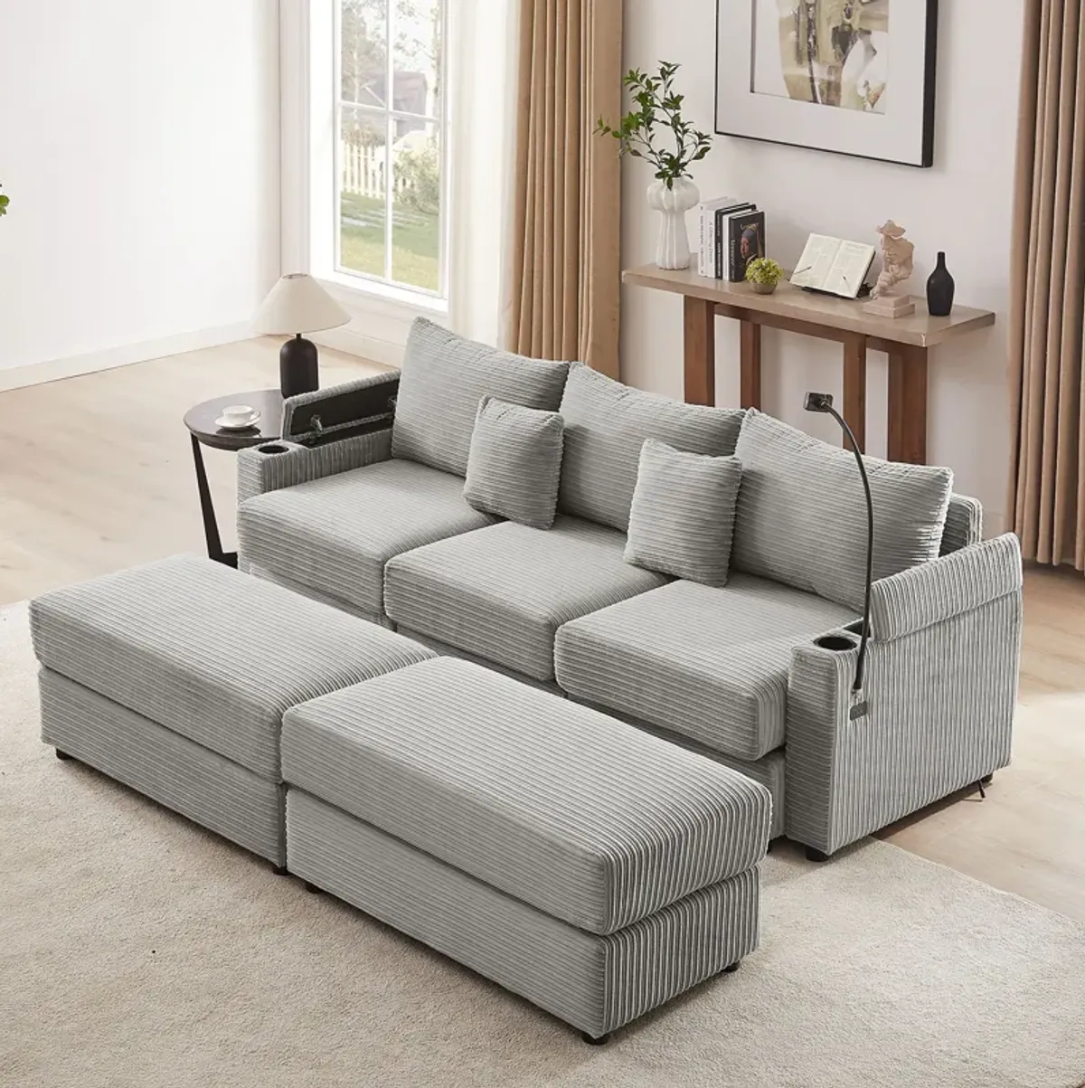 Modern Style Loveseat Sofa Sectional Sofa Couch With Storage Space, A Movable Ottoman, Two USB Ports, Two Cup Holders, A Phone Holder For Living Room