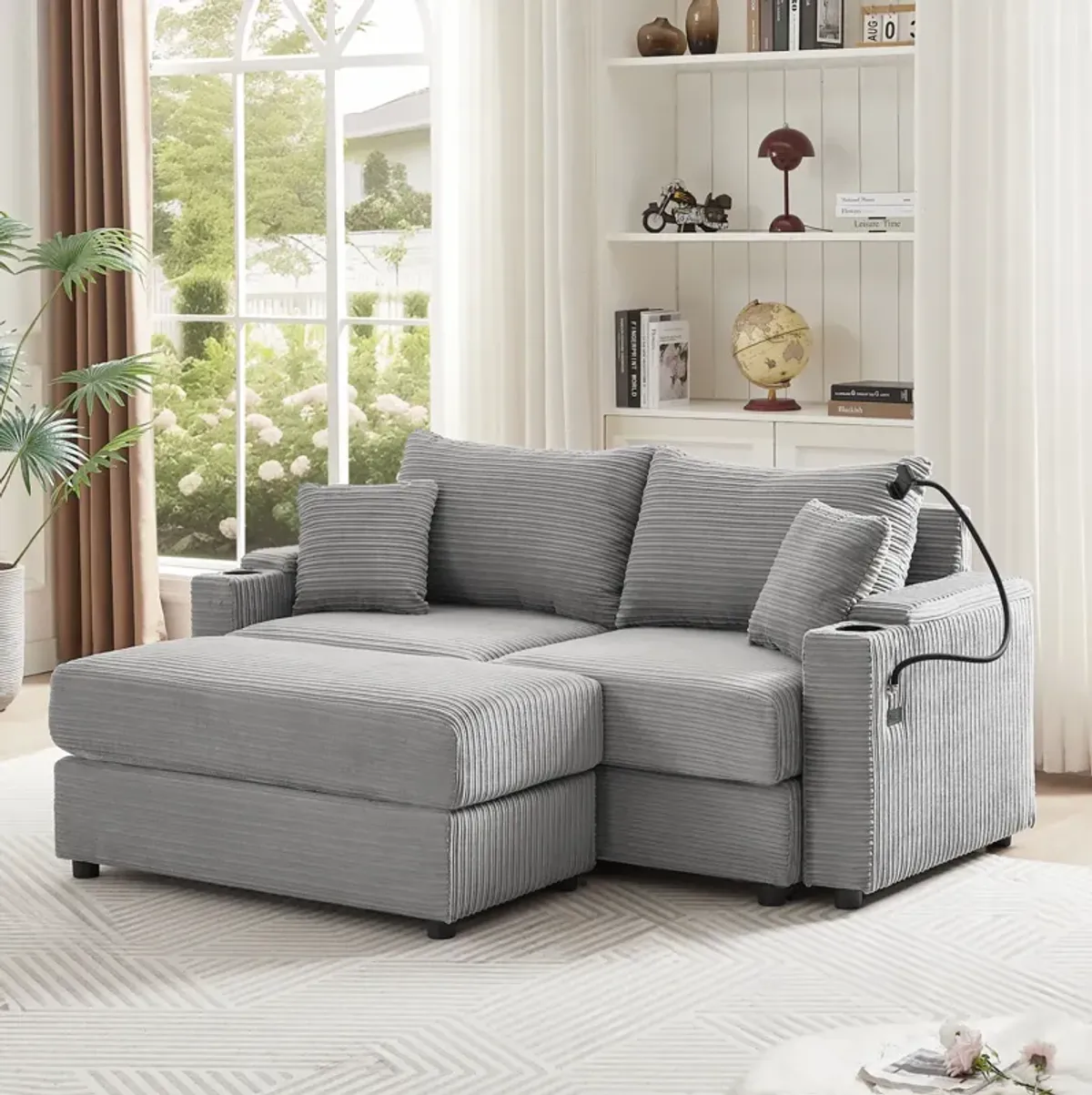 Modern Style Loveseat Sofa Sectional Sofa Couch With Storage Space, A Movable Ottoman, Two USB Ports, Two Cup Holders, A Phone Holder For Living Room