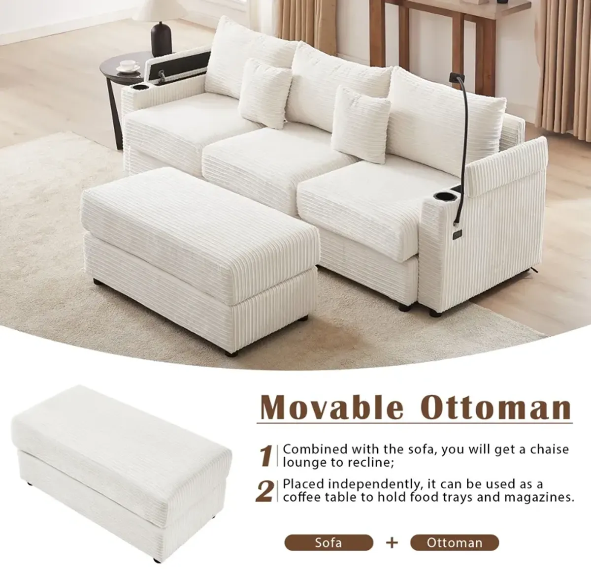 Modern Style Loveseat Sofa Sectional Sofa Couch With Storage Space, A Movable Ottoman, Two USB Ports, Two Cup Holders, A Phone Holder For Living Room