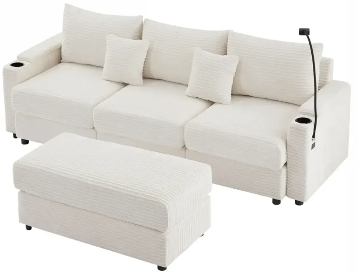 Modern Style Loveseat Sofa Sectional Sofa Couch With Storage Space, A Movable Ottoman, Two USB Ports, Two Cup Holders, A Phone Holder For Living Room