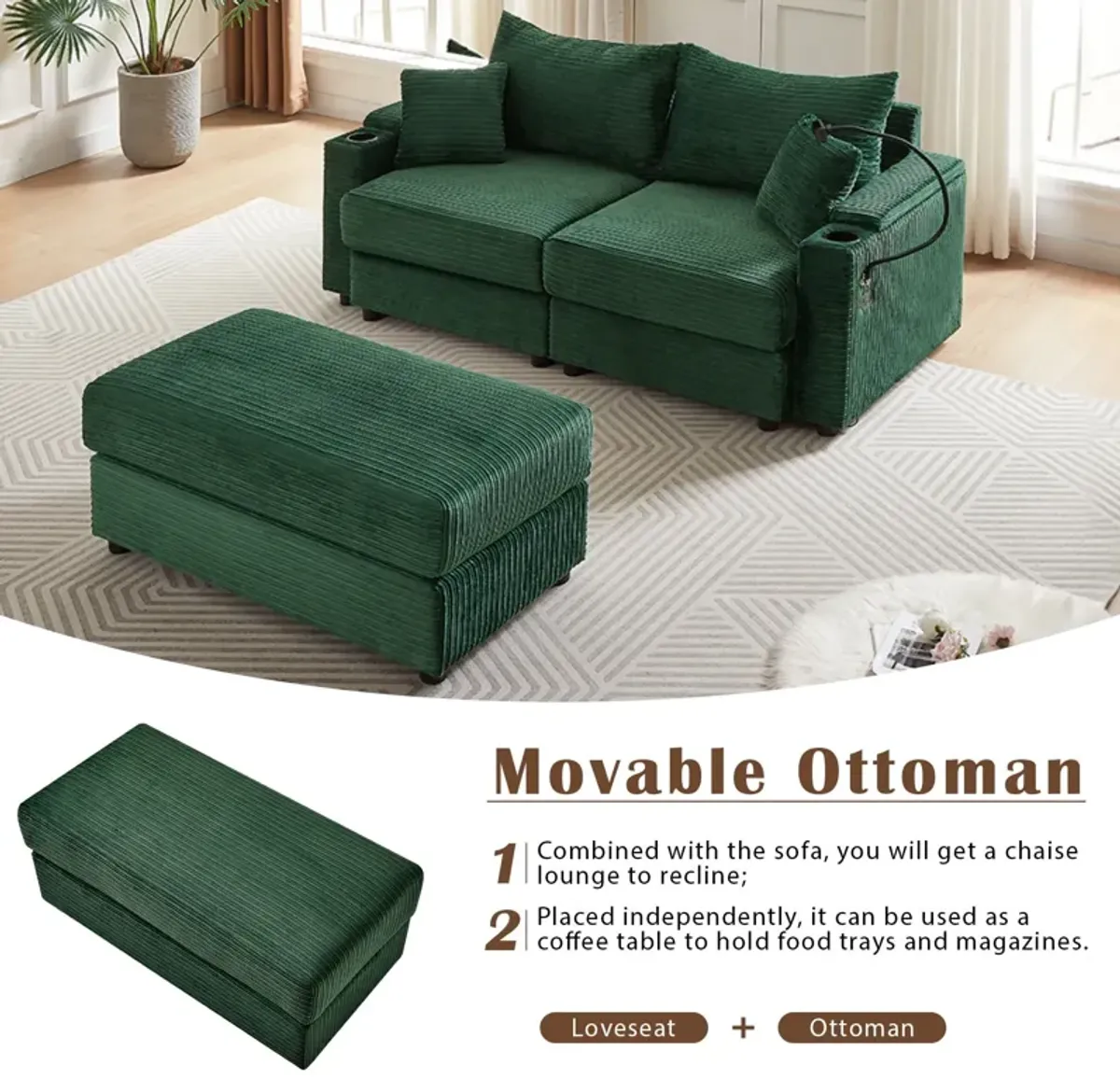 Modern Style Loveseat Sofa Sectional Sofa Couch With Storage Space, A Movable Ottoman, Two USB Ports, Two Cup Holders, A Phone Holder For Living Room