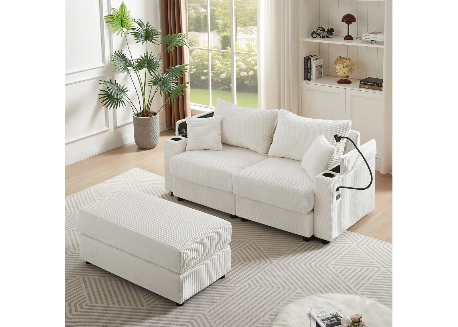 Modern Style Loveseat Sofa Sectional Sofa Couch With Storage Space, A Movable Ottoman, Two USB Ports, Two Cup Holders, A Phone Holder For Living Room