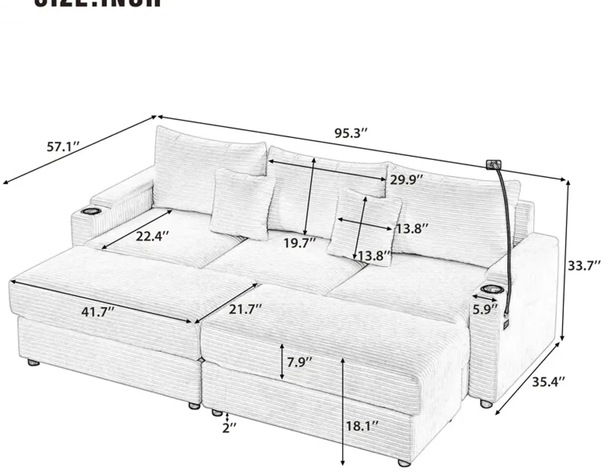 Modern Style Loveseat Sofa Sectional Sofa Couch With Storage Space, A Movable Ottoman, Two USB Ports, Two Cup Holders, A Phone Holder For Living Room