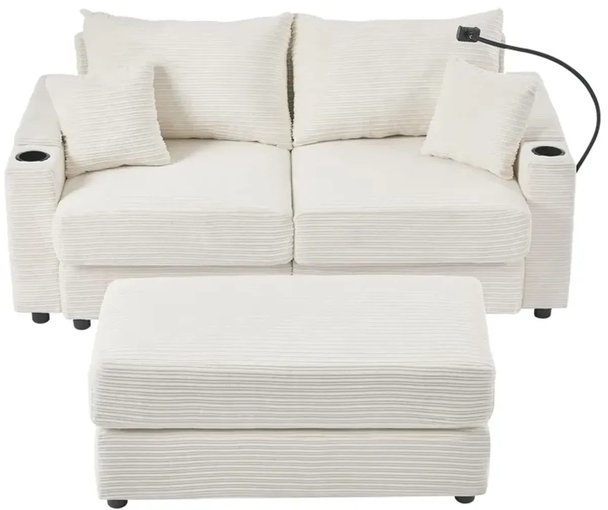 Modern Style Loveseat Sofa Sectional Sofa Couch With Storage Space, A Movable Ottoman, Two USB Ports, Two Cup Holders, A Phone Holder For Living Room