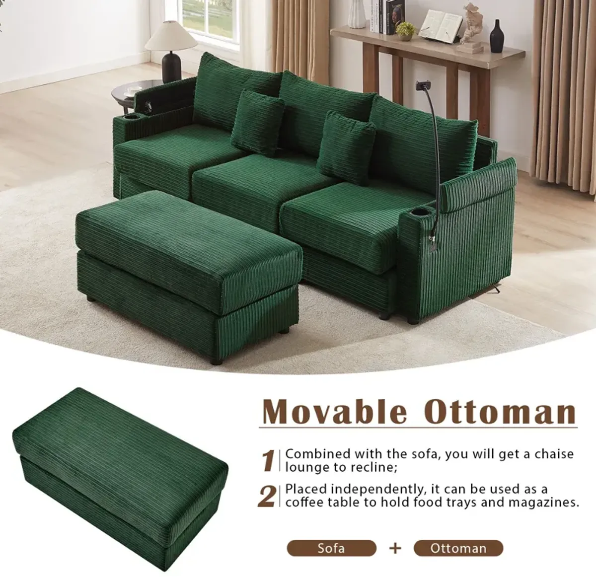 Modern Style Loveseat Sofa Sectional Sofa Couch With Storage Space, A Movable Ottoman, Two USB Ports, Two Cup Holders, A Phone Holder For Living Room