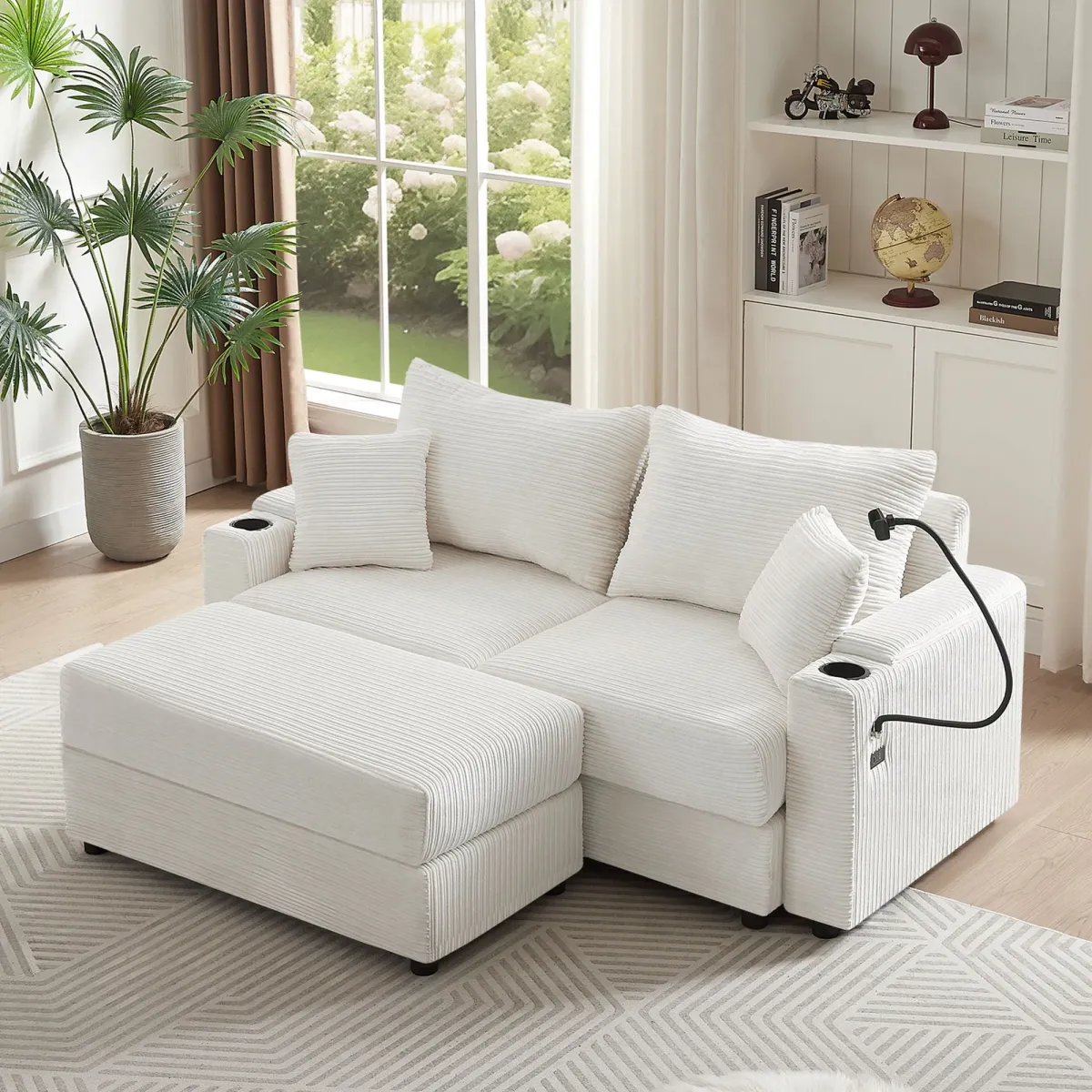 Modern Style Loveseat Sofa Sectional Sofa Couch With Storage Space, A Movable Ottoman, Two USB Ports, Two Cup Holders, A Phone Holder For Living Room