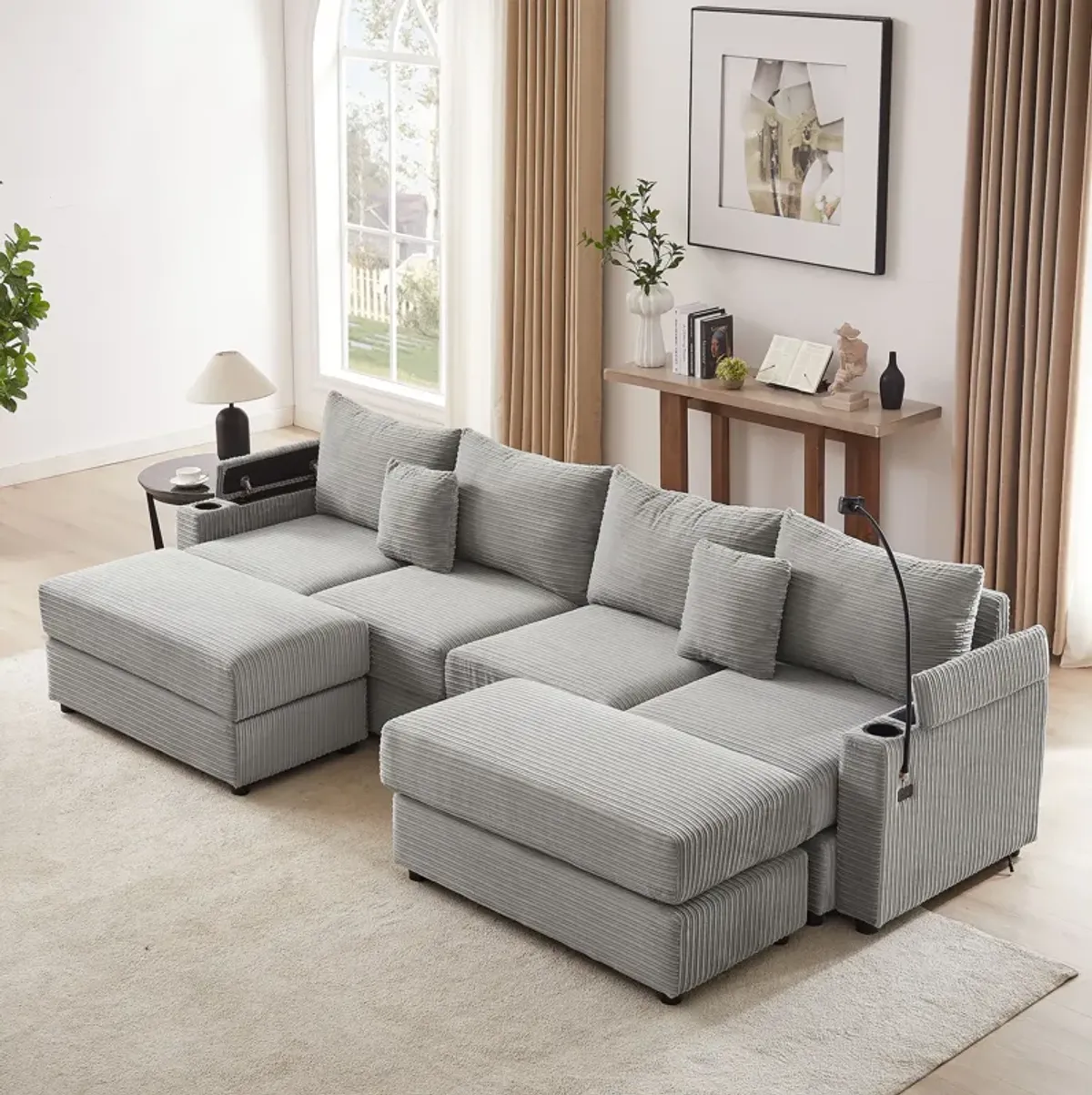 Modern Style Loveseat Sofa Sectional Sofa Couch With Storage Space, A Movable Ottoman, Two USB Ports, Two Cup Holders, A Phone Holder For Living Room