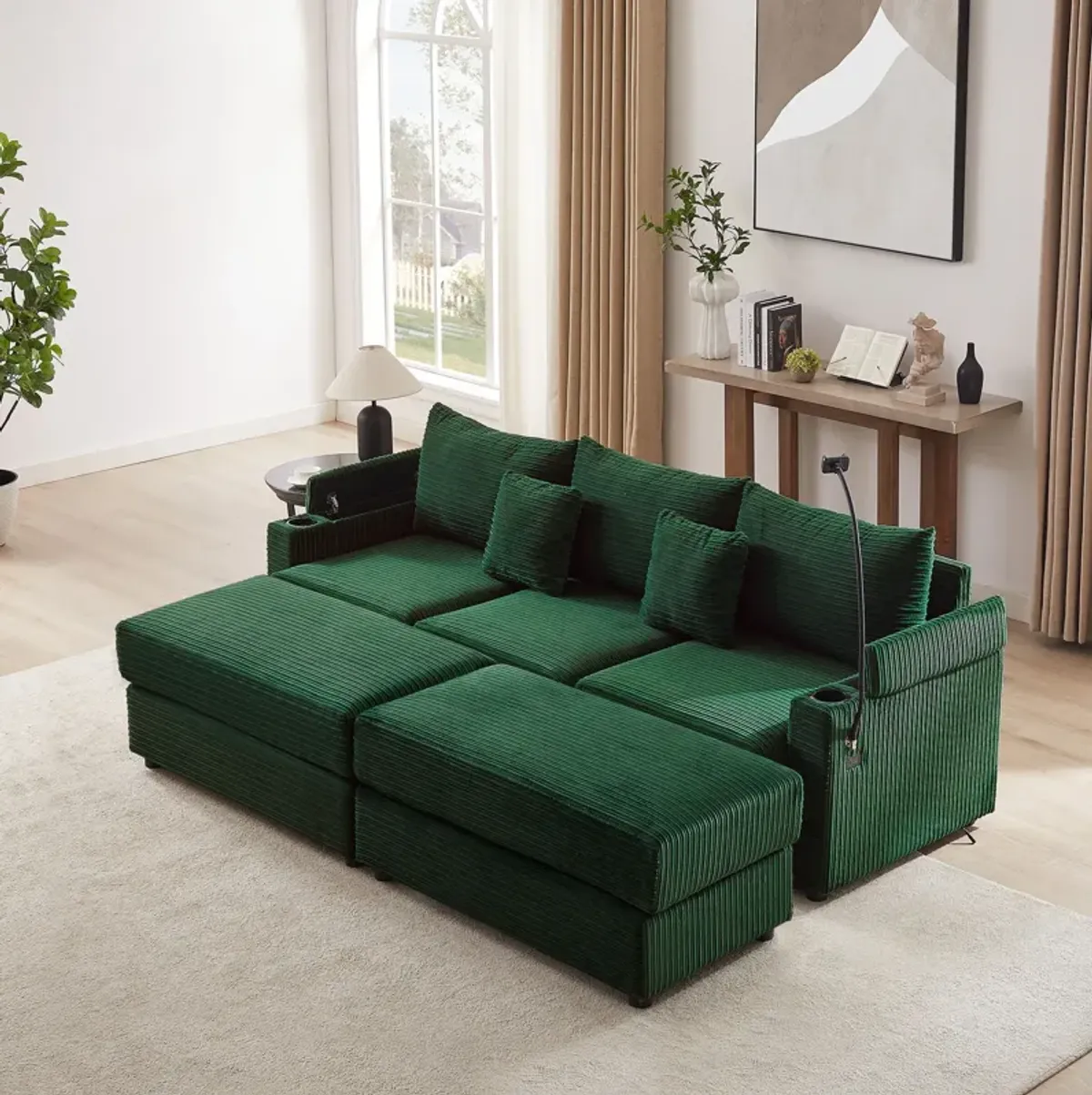 Modern Style Loveseat Sofa Sectional Sofa Couch With Storage Space, A Movable Ottoman, Two USB Ports, Two Cup Holders, A Phone Holder For Living Room