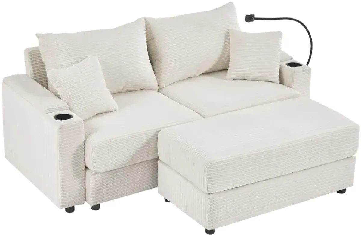 Modern Style Loveseat Sofa Sectional Sofa Couch With Storage Space, A Movable Ottoman, Two USB Ports, Two Cup Holders, A Phone Holder For Living Room