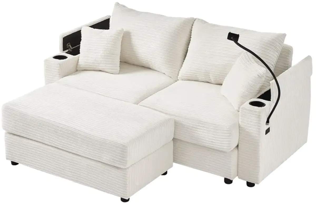 Modern Style Loveseat Sofa Sectional Sofa Couch With Storage Space, A Movable Ottoman, Two USB Ports, Two Cup Holders, A Phone Holder For Living Room