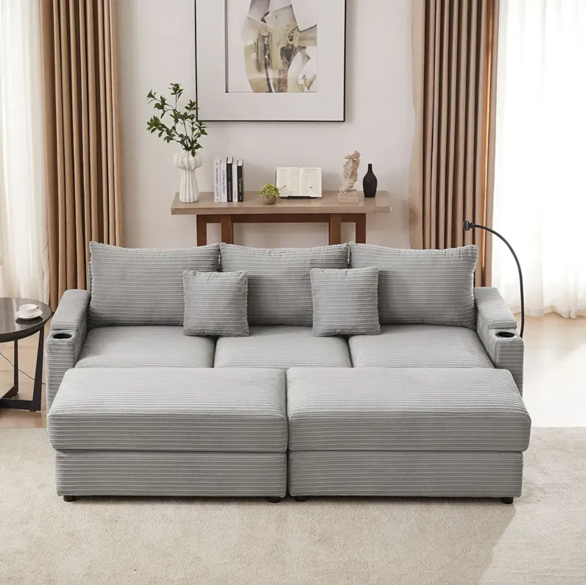 Modern Style Loveseat Sofa Sectional Sofa Couch With Storage Space, A Movable Ottoman, Two USB Ports, Two Cup Holders, A Phone Holder For Living Room