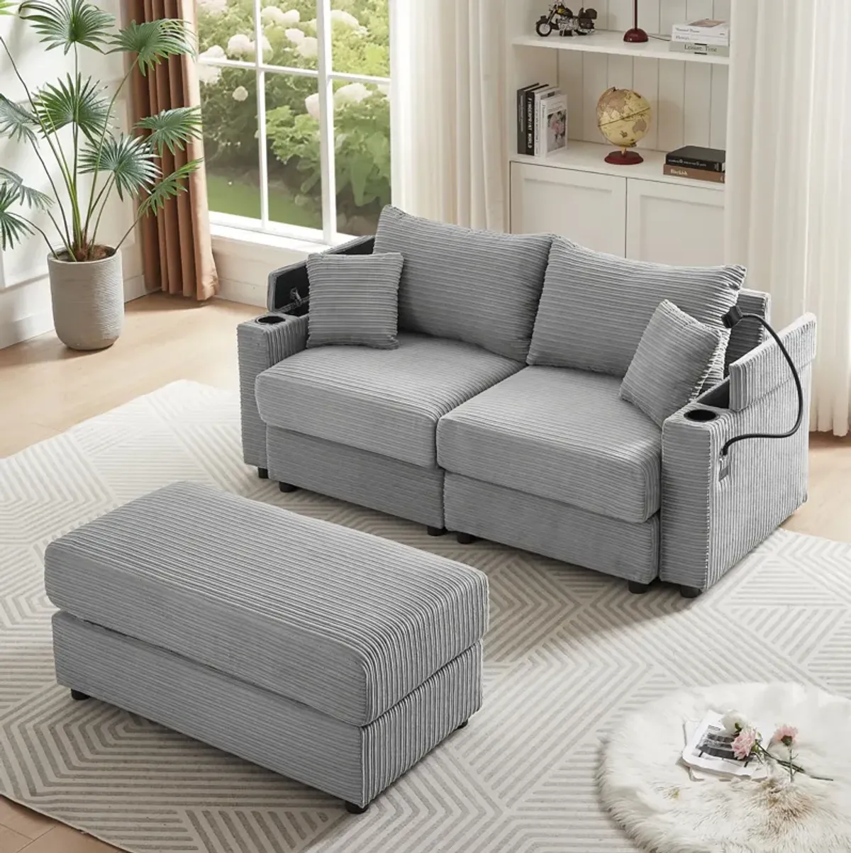 Modern Style Loveseat Sofa Sectional Sofa Couch With Storage Space, A Movable Ottoman, Two USB Ports, Two Cup Holders, A Phone Holder For Living Room