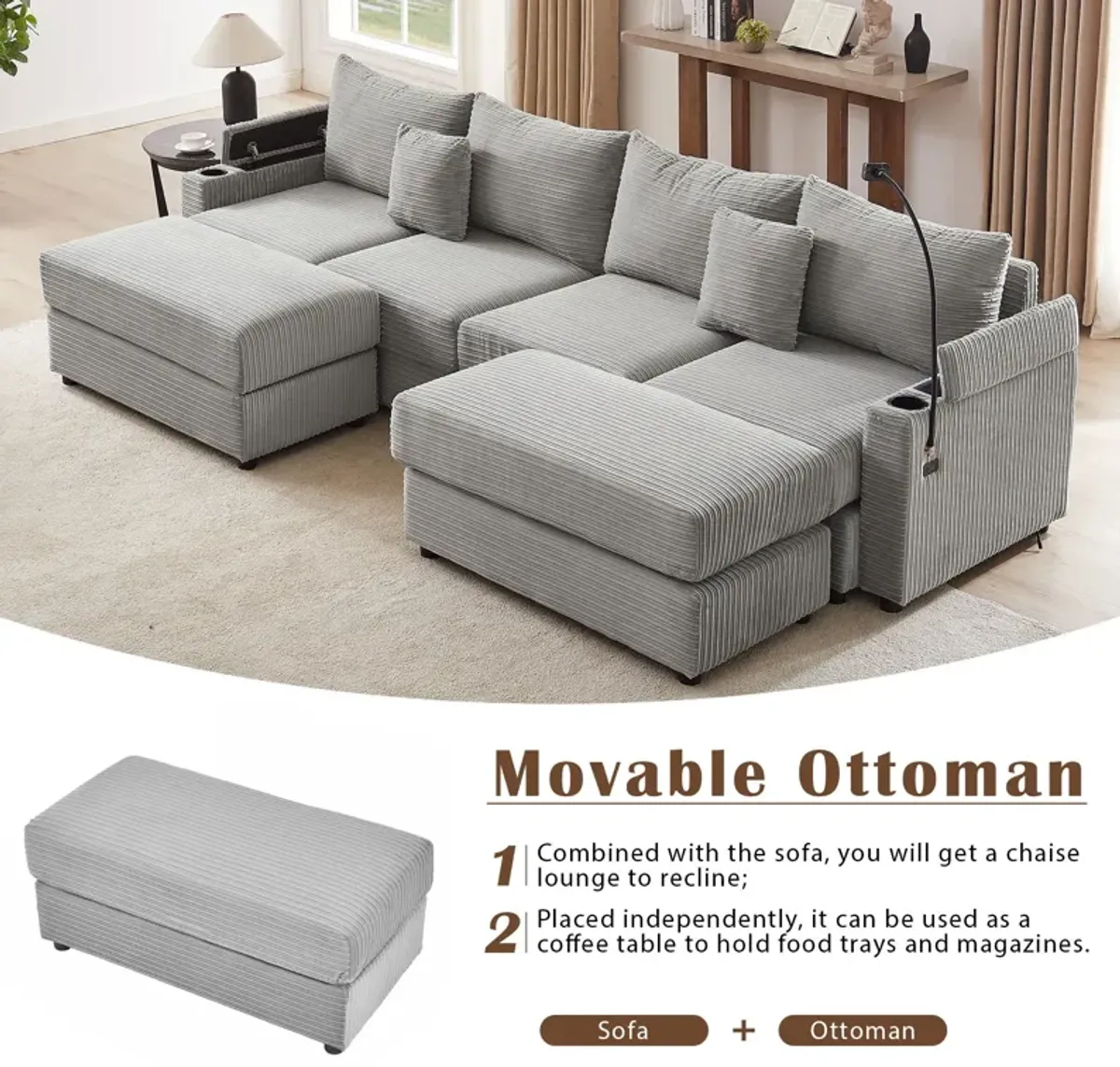 Modern Style Loveseat Sofa Sectional Sofa Couch With Storage Space, A Movable Ottoman, Two USB Ports, Two Cup Holders, A Phone Holder For Living Room