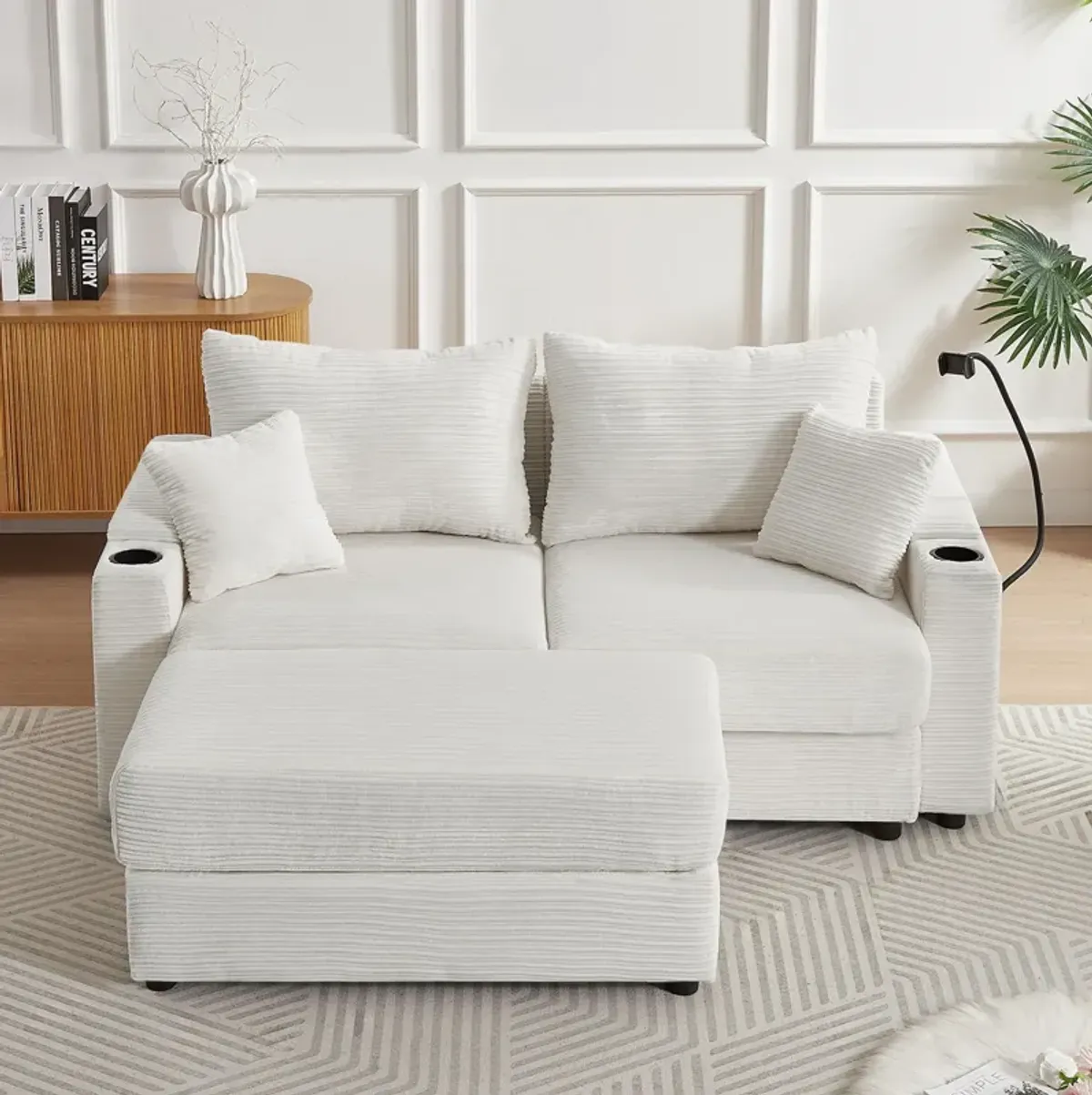 Modern Style Loveseat Sofa Sectional Sofa Couch With Storage Space, A Movable Ottoman, Two USB Ports, Two Cup Holders, A Phone Holder For Living Room