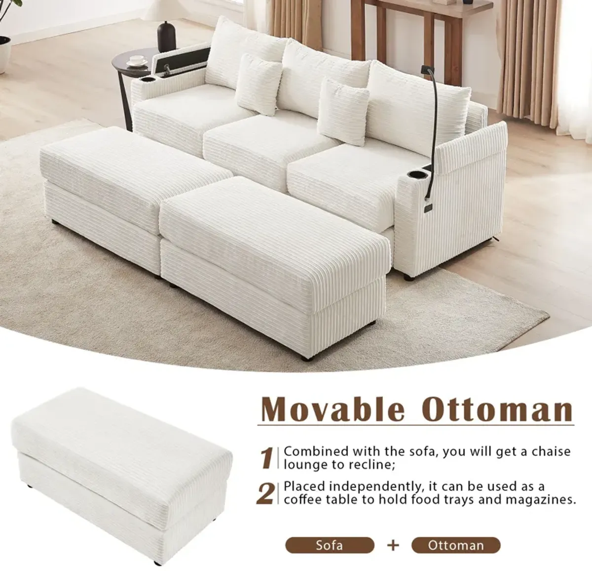 Modern Style Loveseat Sofa Sectional Sofa Couch With Storage Space, A Movable Ottoman, Two USB Ports, Two Cup Holders, A Phone Holder For Living Room