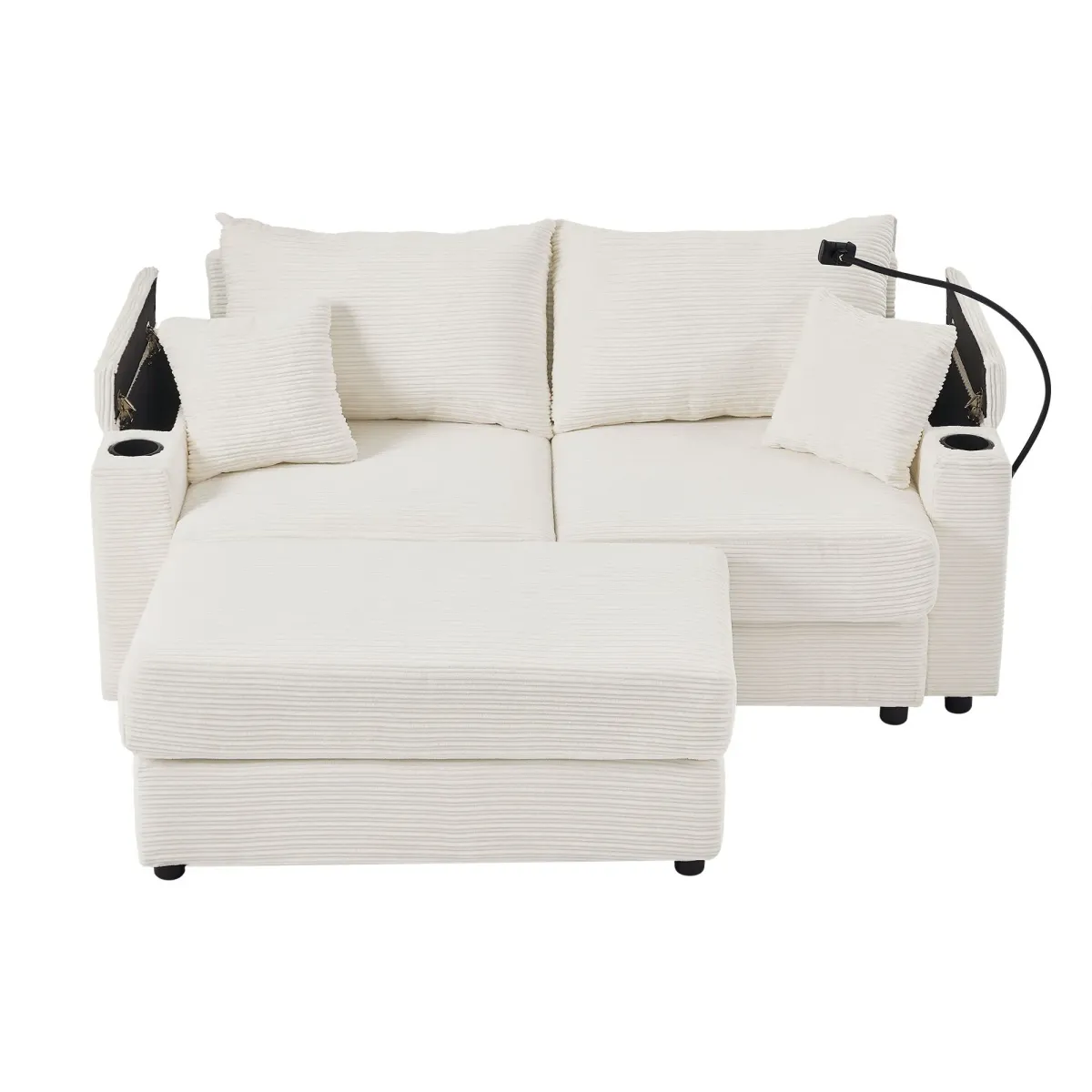 Modern Style Loveseat Sofa Sectional Sofa Couch With Storage Space, A Movable Ottoman, Two USB Ports, Two Cup Holders, A Phone Holder For Living Room