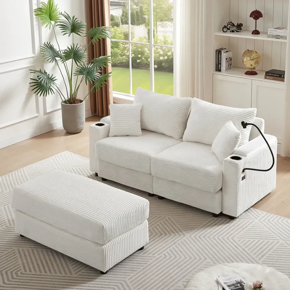 Modern Style Loveseat Sofa Sectional Sofa Couch With Storage Space, A Movable Ottoman, Two USB Ports, Two Cup Holders, A Phone Holder For Living Room