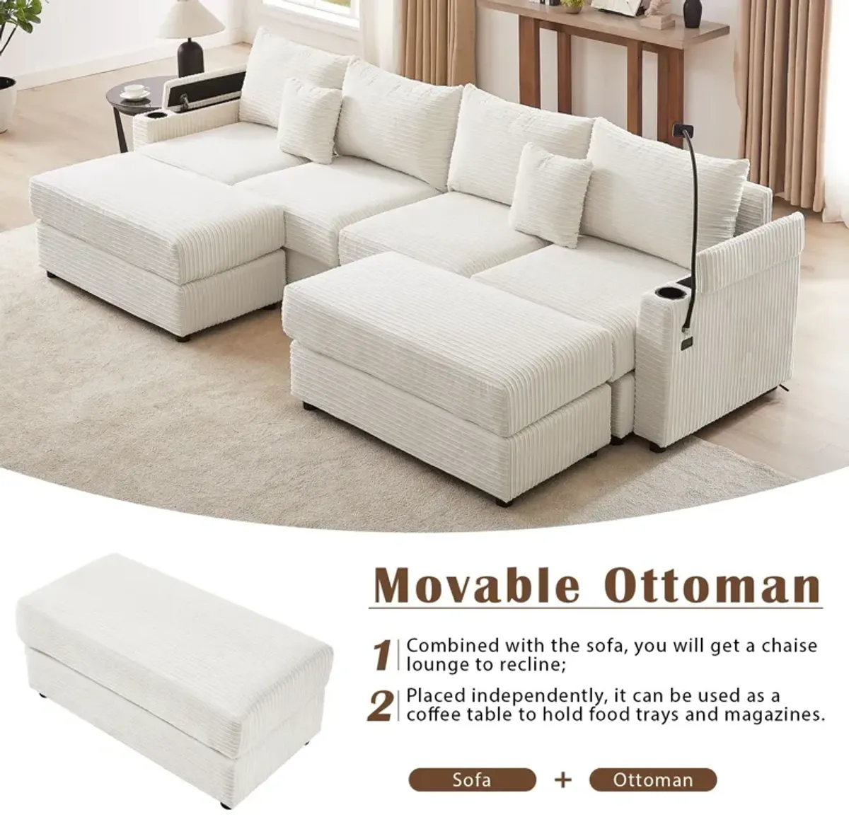 Modern Style Loveseat Sofa Sectional Sofa Couch With Storage Space, A Movable Ottoman, Two USB Ports, Two Cup Holders, A Phone Holder For Living Room