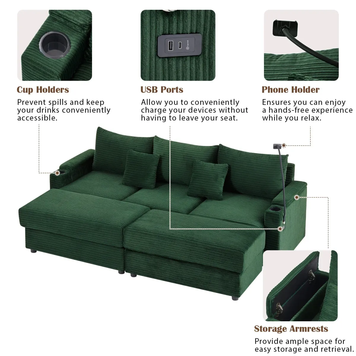 Modern Style Loveseat Sofa Sectional Sofa Couch With Storage Space, A Movable Ottoman, Two USB Ports, Two Cup Holders, A Phone Holder For Living Room