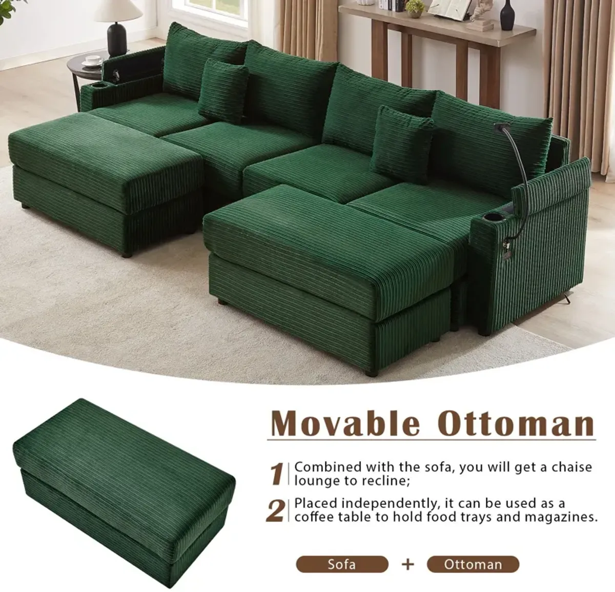 Modern Style Loveseat Sofa Sectional Sofa Couch With Storage Space, A Movable Ottoman, Two USB Ports, Two Cup Holders, A Phone Holder For Living Room