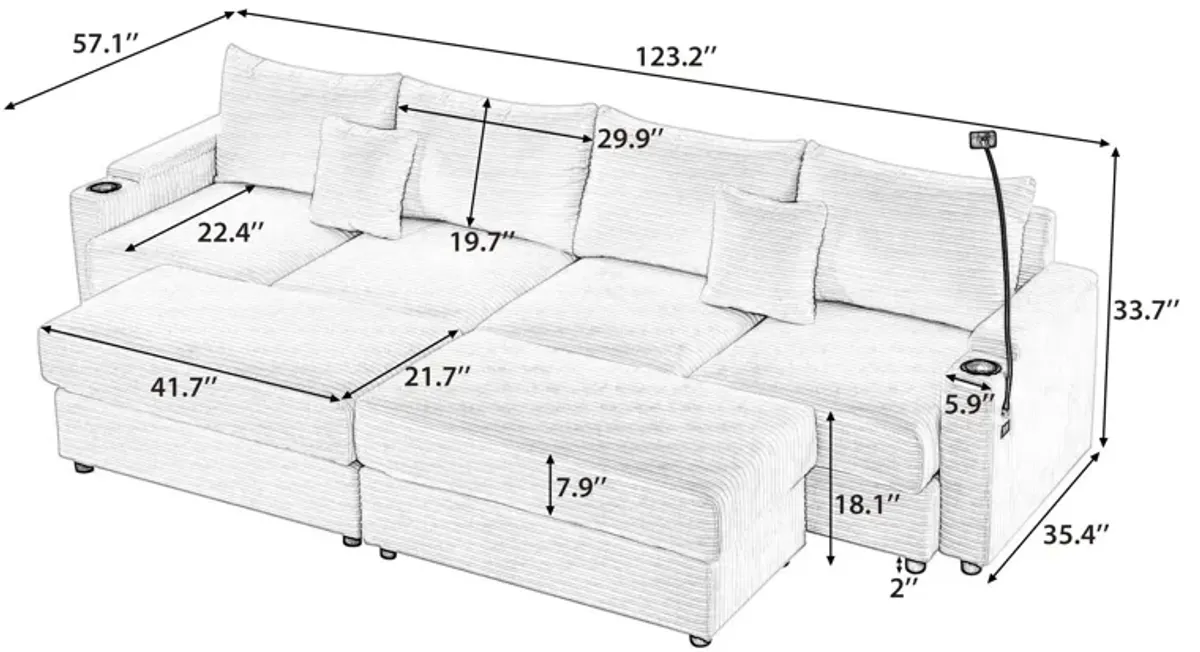 Modern Style Loveseat Sofa Sectional Sofa Couch With Storage Space, A Movable Ottoman, Two USB Ports, Two Cup Holders, A Phone Holder For Living Room