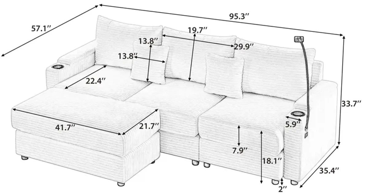 Modern Style Loveseat Sofa Sectional Sofa Couch With Storage Space, A Movable Ottoman, Two USB Ports, Two Cup Holders, A Phone Holder For Living Room