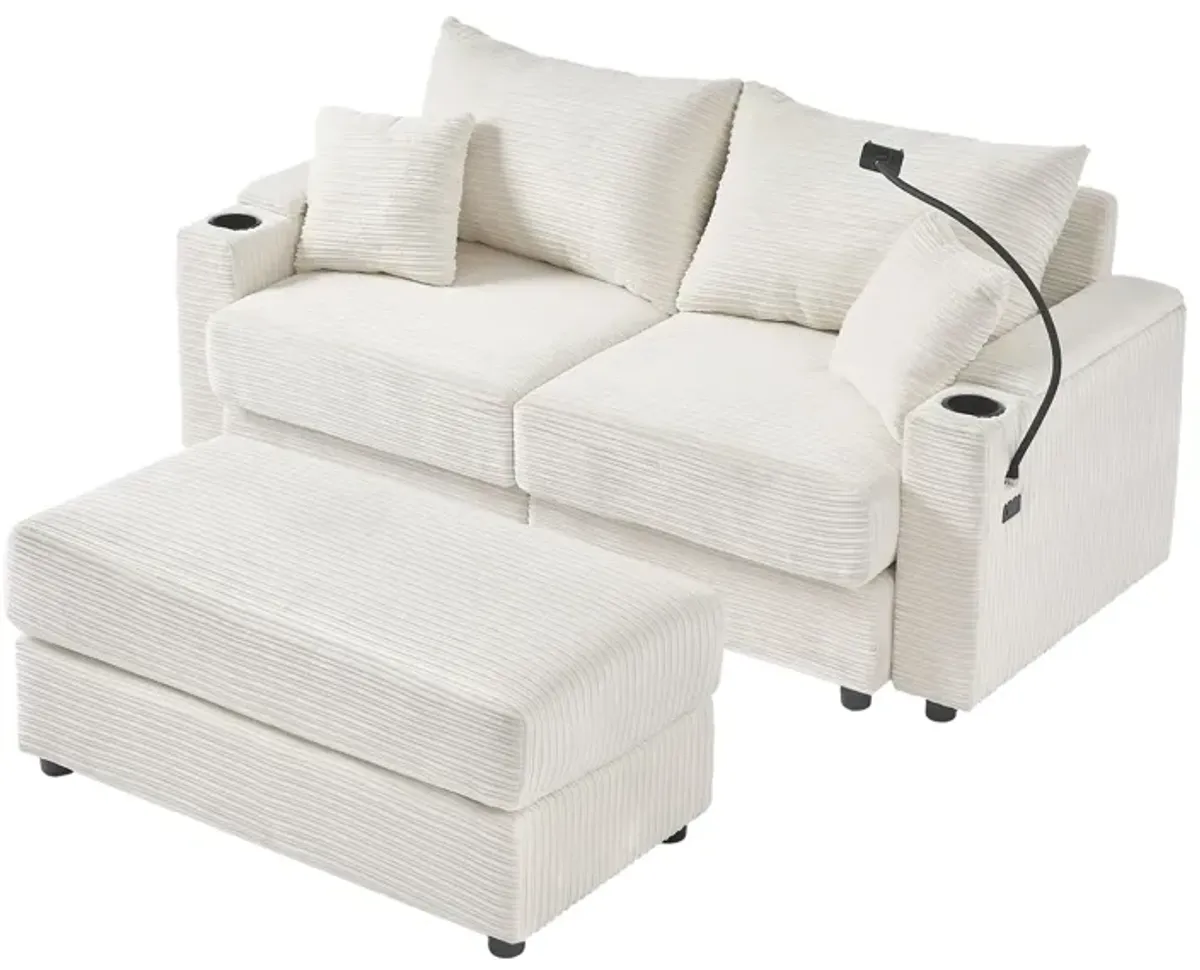 Modern Style Loveseat Sofa Sectional Sofa Couch With Storage Space, A Movable Ottoman, Two USB Ports, Two Cup Holders, A Phone Holder For Living Room