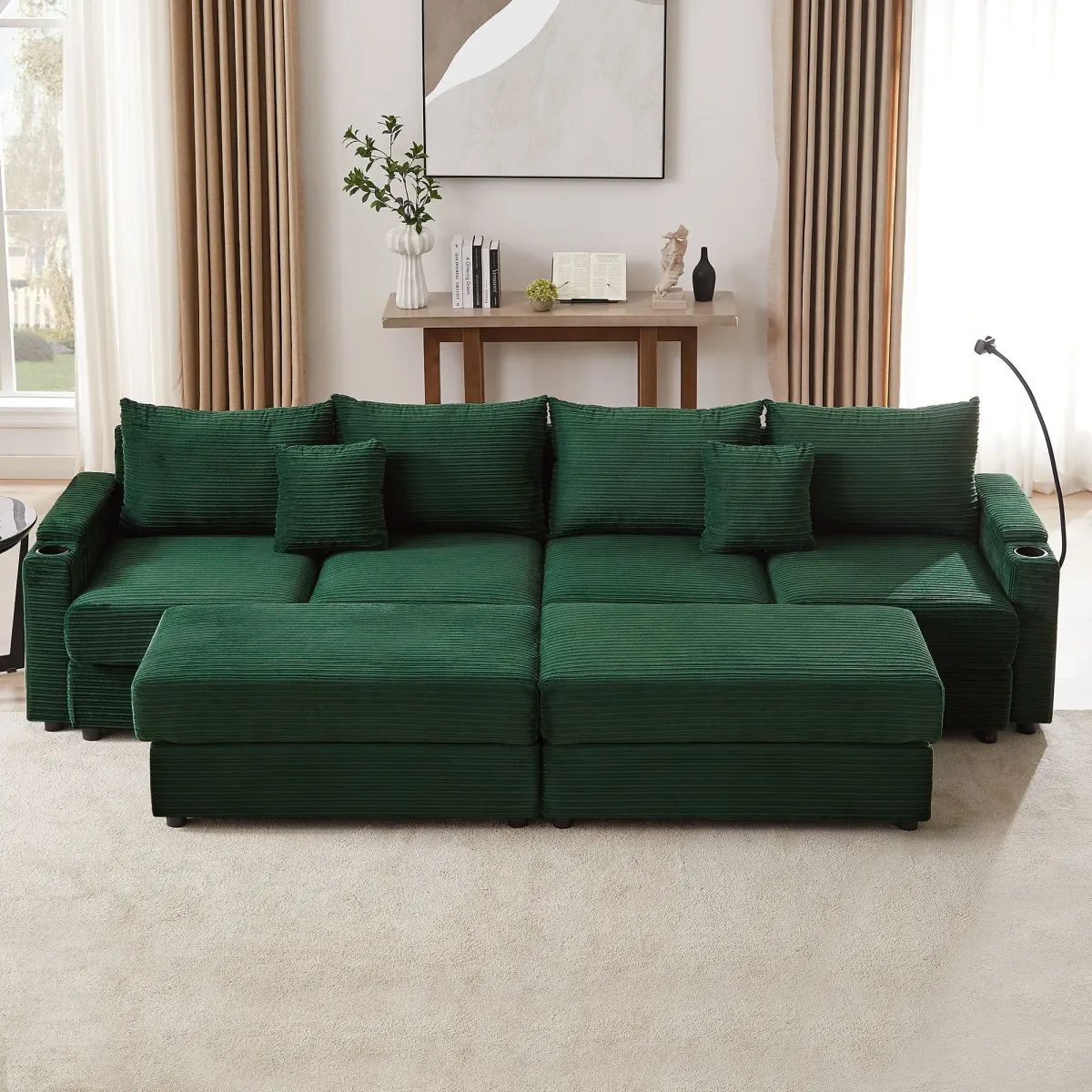 Modern Style Loveseat Sofa Sectional Sofa Couch With Storage Space, A Movable Ottoman, Two USB Ports, Two Cup Holders, A Phone Holder For Living Room