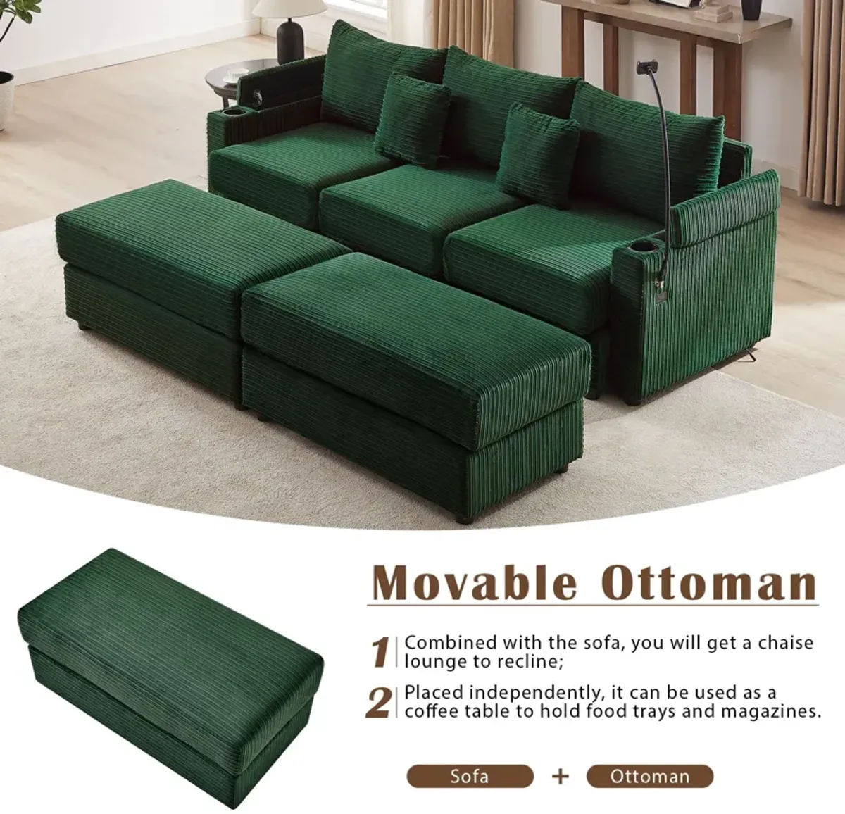 Modern Style Loveseat Sofa Sectional Sofa Couch With Storage Space, A Movable Ottoman, Two USB Ports, Two Cup Holders, A Phone Holder For Living Room