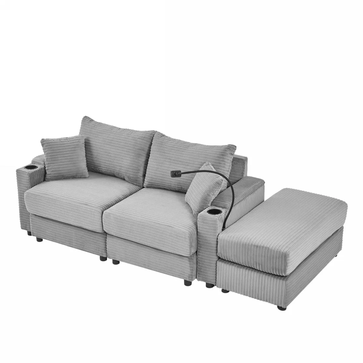 Modern Style Loveseat Sofa Sectional Sofa Couch With Storage Space, A Movable Ottoman, Two USB Ports, Two Cup Holders, A Phone Holder For Living Room