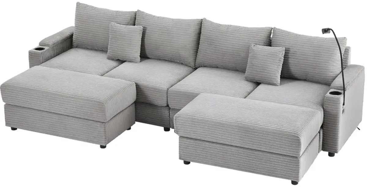 Modern Style Loveseat Sofa Sectional Sofa Couch With Storage Space, A Movable Ottoman, Two USB Ports, Two Cup Holders, A Phone Holder For Living Room