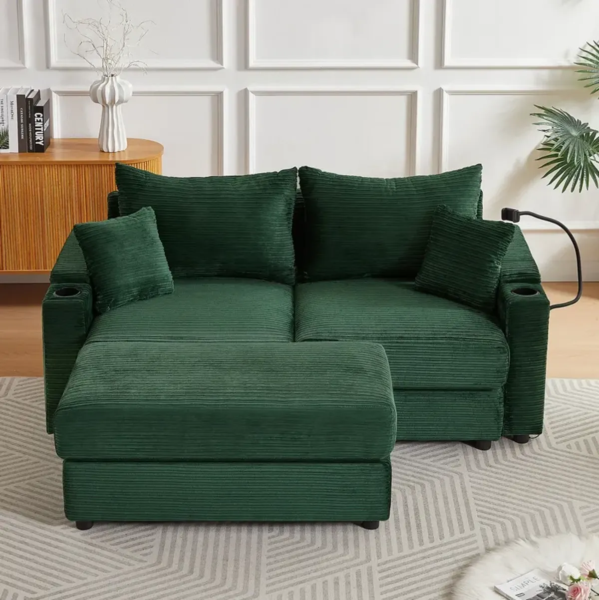 Modern Style Loveseat Sofa Sectional Sofa Couch With Storage Space, A Movable Ottoman, Two USB Ports, Two Cup Holders, A Phone Holder For Living Room