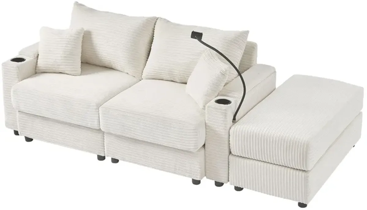 Modern Style Loveseat Sofa Sectional Sofa Couch With Storage Space, A Movable Ottoman, Two USB Ports, Two Cup Holders, A Phone Holder For Living Room