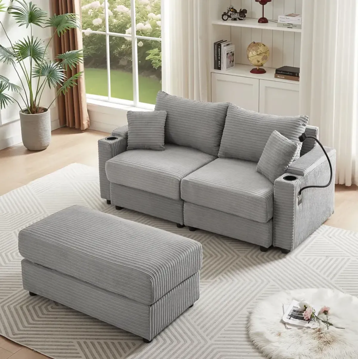 Modern Style Loveseat Sofa Sectional Sofa Couch With Storage Space, A Movable Ottoman, Two USB Ports, Two Cup Holders, A Phone Holder For Living Room