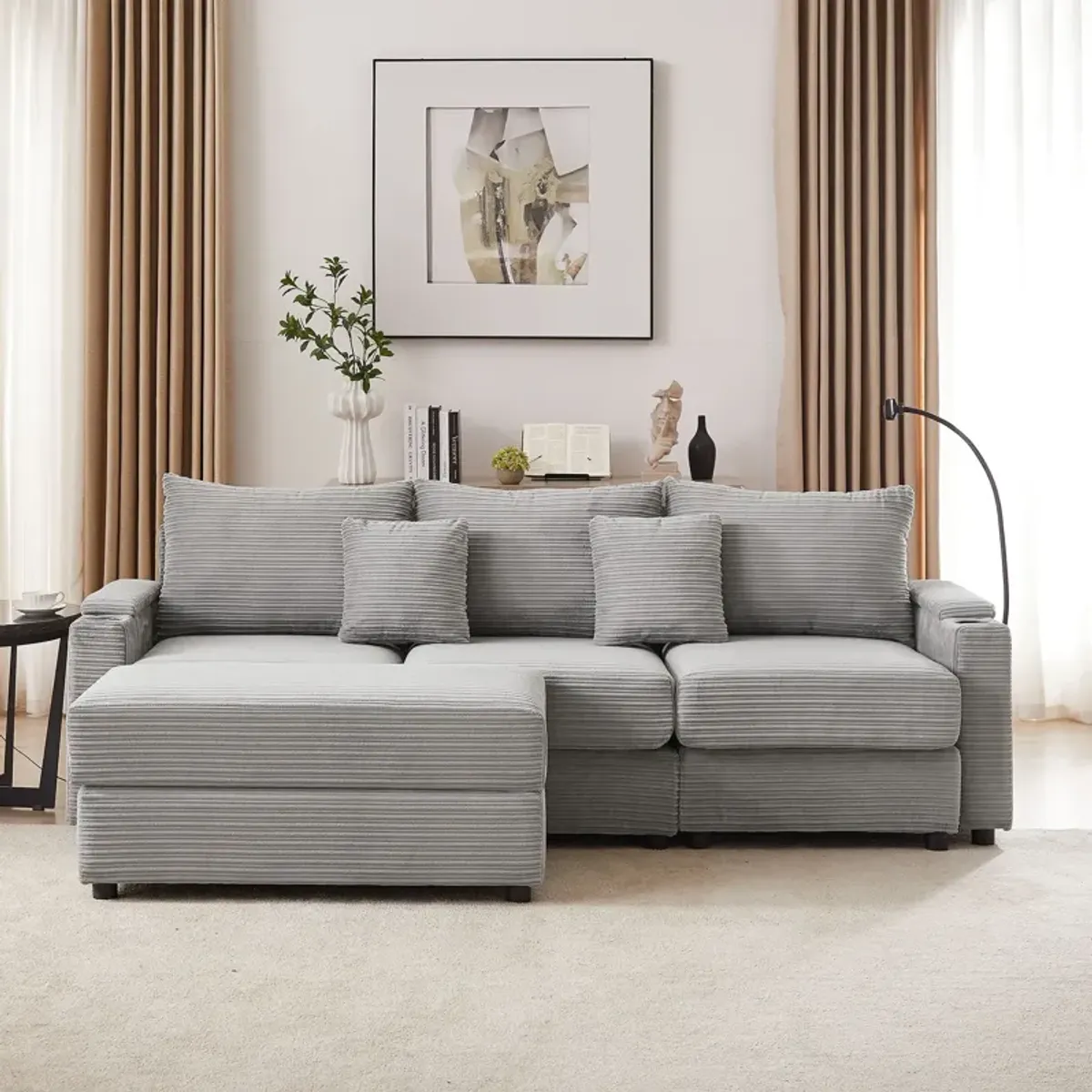 Modern Style Loveseat Sofa Sectional Sofa Couch With Storage Space, A Movable Ottoman, Two USB Ports, Two Cup Holders, A Phone Holder For Living Room