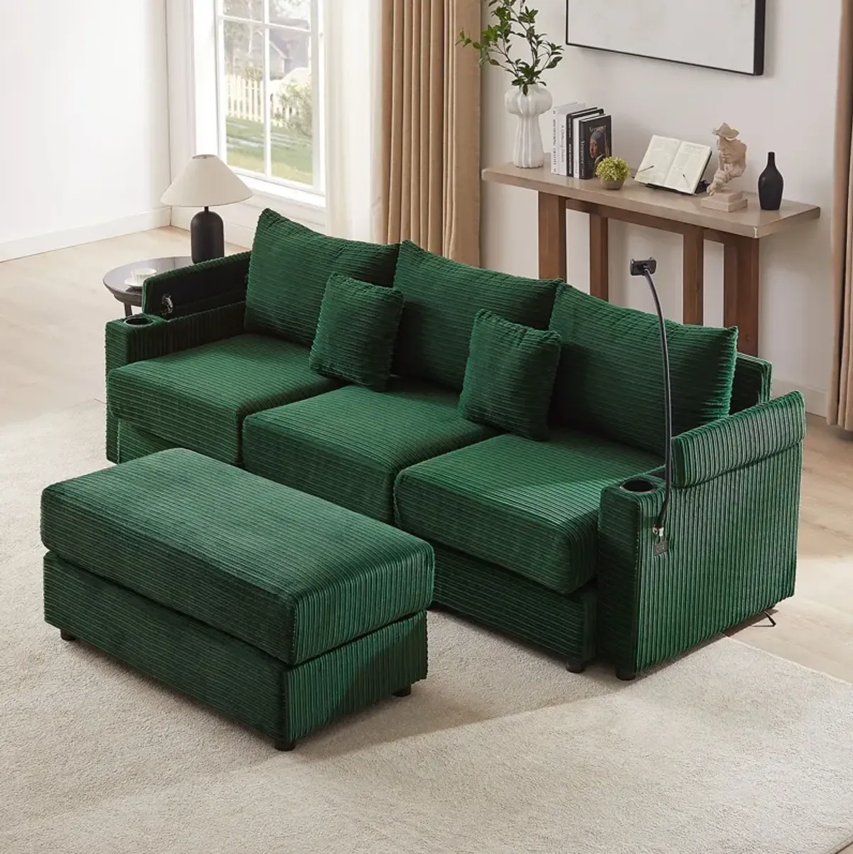 Modern Style Loveseat Sofa Sectional Sofa Couch With Storage Space, A Movable Ottoman, Two USB Ports, Two Cup Holders, A Phone Holder For Living Room