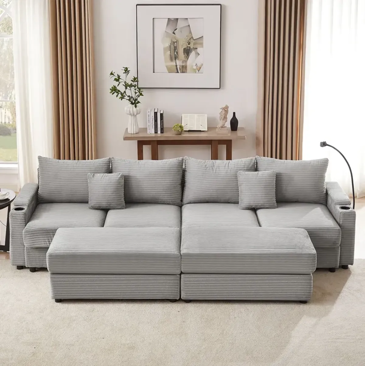 Modern Style Loveseat Sofa Sectional Sofa Couch With Storage Space, A Movable Ottoman, Two USB Ports, Two Cup Holders, A Phone Holder For Living Room