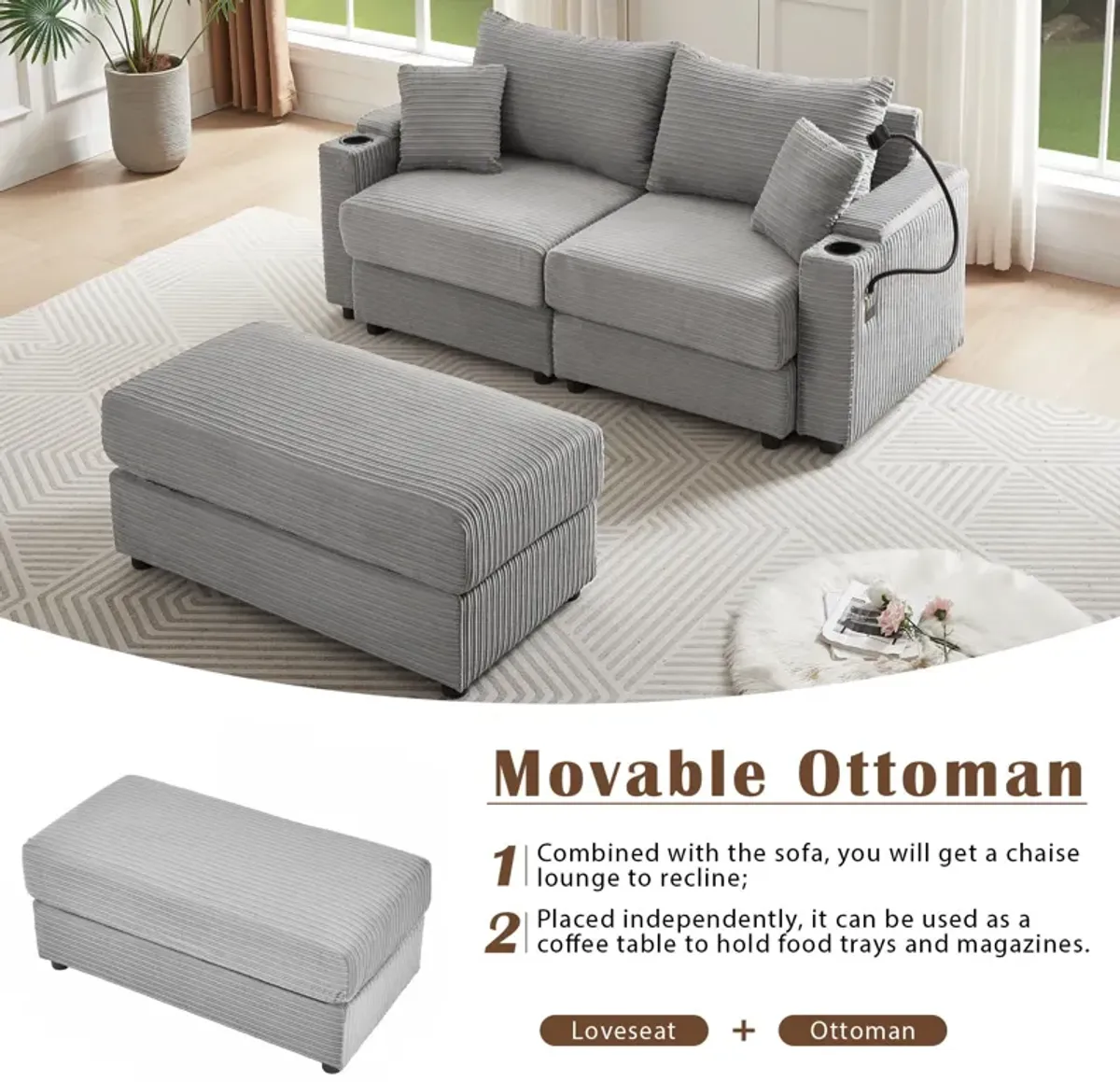 Modern Style Loveseat Sofa Sectional Sofa Couch With Storage Space, A Movable Ottoman, Two USB Ports, Two Cup Holders, A Phone Holder For Living Room