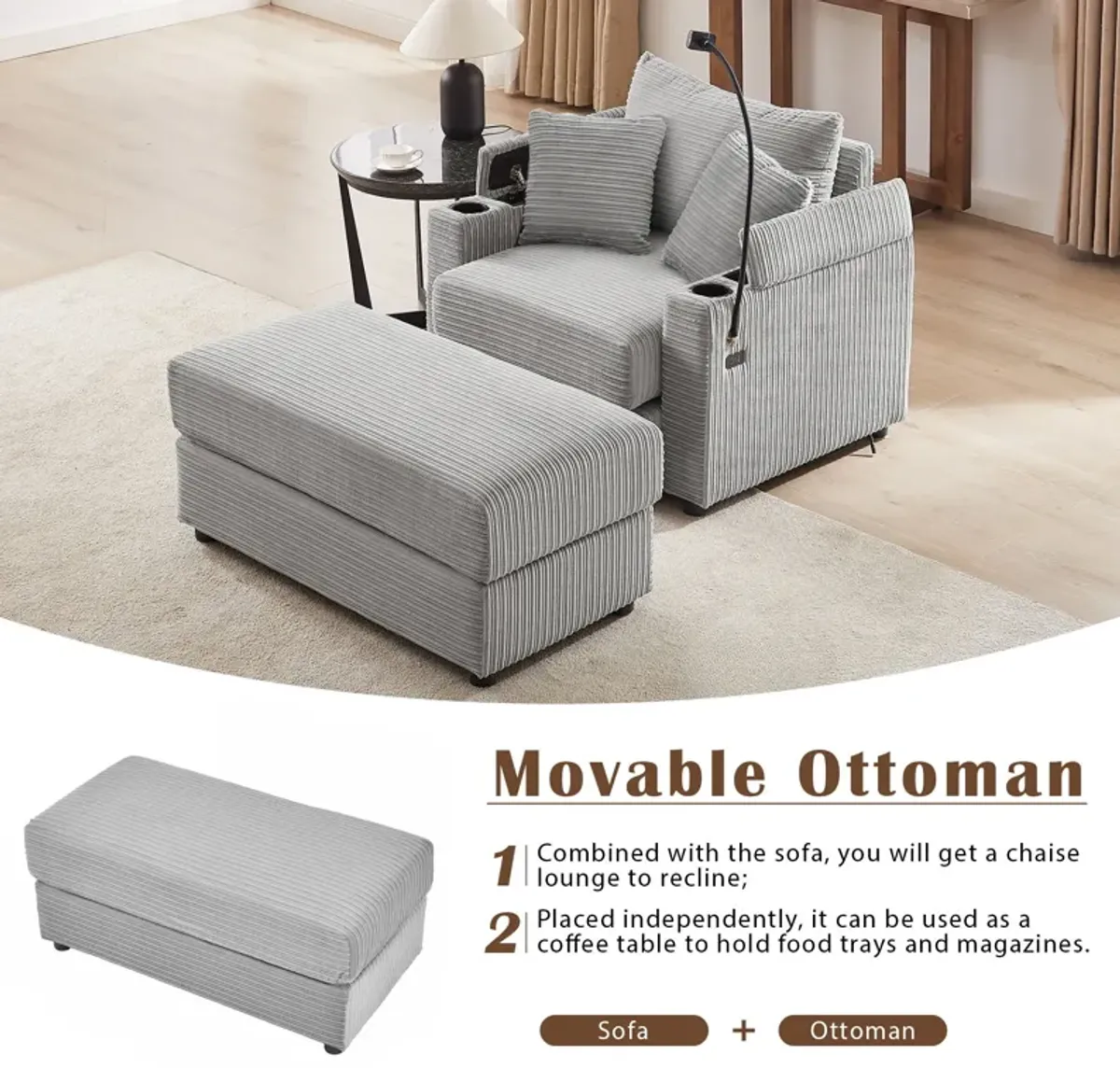 Modern Style Loveseat Sofa Sectional Sofa Couch With Storage Space, A Movable Ottoman, Two USB Ports, Two Cup Holders, A Phone Holder For Living Room